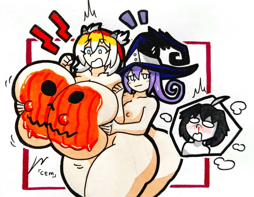 1boy 2girls absurd_res areolae blair_(soul_eater) bodypaint breast_fondling breast_size_difference commission curvy curvy_female hat large_breasts looking_at_breasts mixed_hair_color mr.ctm naked nosebleed original_character pumpkin pumpkin_boobs purple_hair simple_background soul_eater surprised