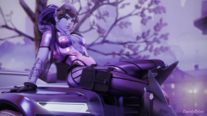 1girls 3d blizzard_entertainment bodysuit cleavage clothed clothed_female daintydjinn female_only overwatch ponytail pose posing purple_body purple_skin solo_focus widowmaker