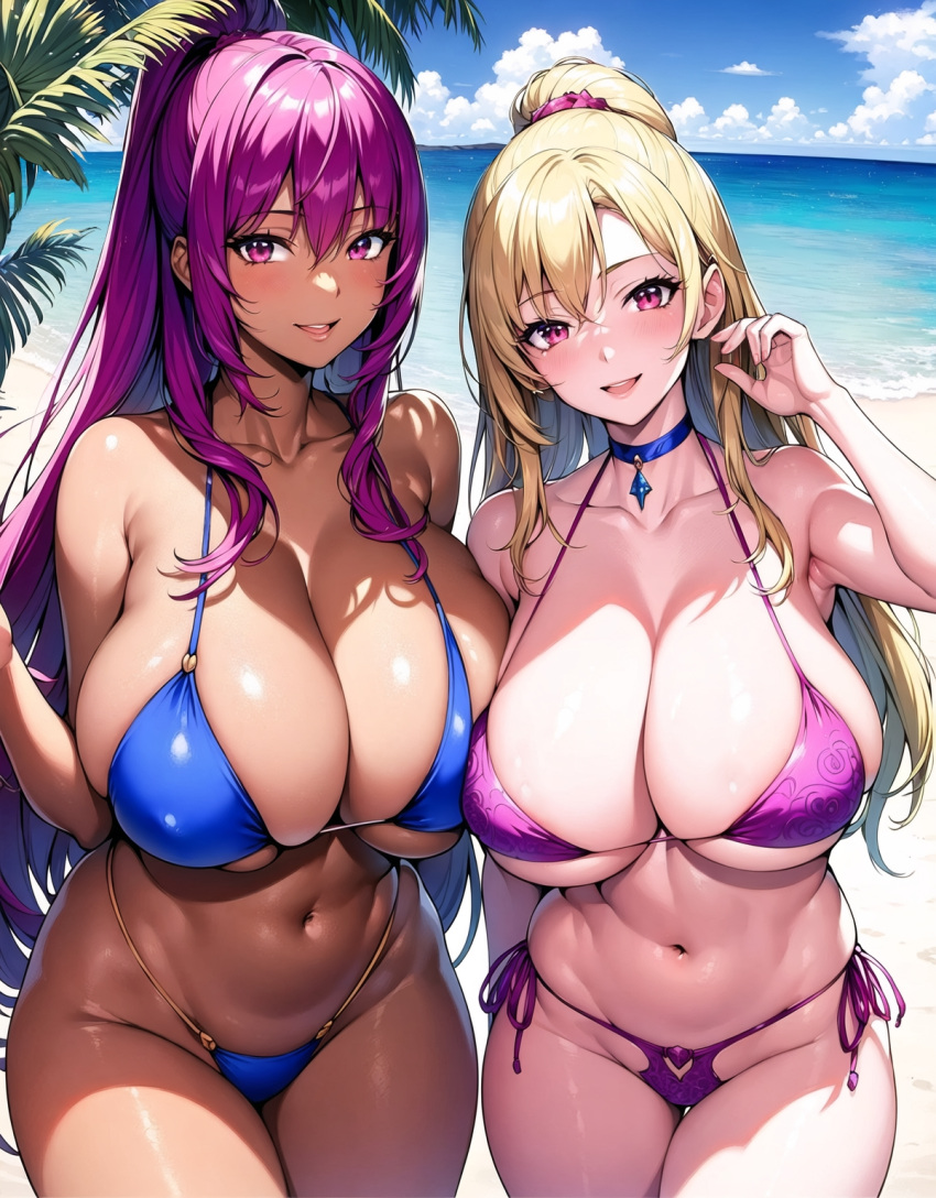 2023 2girls ai_generated bikini blonde_hair curvaceous curvy_body curvy_female curvy_figure female female_focus female_only hi_res high_resolution long_hair looking_at_viewer pink_hair seductive_look stable_diffusion tarosa voluptuous_female