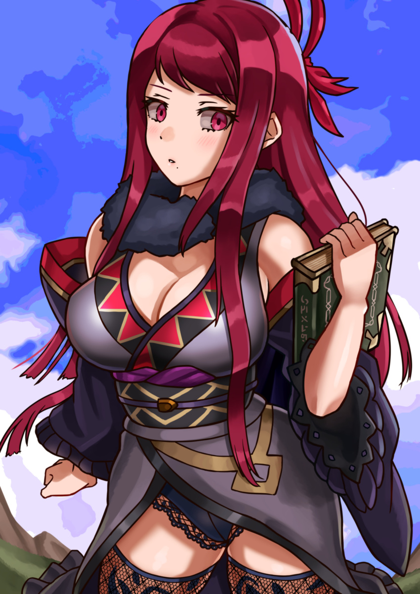 1girls absurdres alternate_costume bare_shoulders black_panties black_sash blue_sky blush book breasts cleavage cloud commentary_request cowboy_shot day detached_sleeves female female female_only fire_emblem fire_emblem_engage grey_kimono highres holding holding_book ivy_(fire_emblem) japanese_clothes kimono large_breasts long_hair looking_at_viewer mole mole_under_mouth nintendo obi oniisan02b outdoors panties parted_lips purple_eyes purple_hair sash sky sleeveless sleeveless_kimono solo standing thighhighs thighs underwear very_long_hair