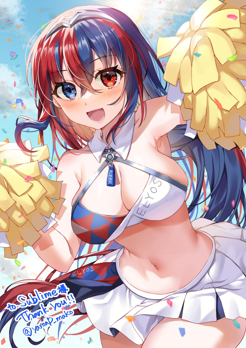 1girls :d absurd_res absurdres adapted_costume alear_(female)_(fire_emblem) alear_(fire_emblem) arm_up armpits bangs bare_shoulders big_breasts blue_archive blue_eyes blue_hair blue_sky blush breasts character_name cheering cheerleader cleavage cloud collarbone commentary_request commission confetti cosplay cowboy_shot crop_top crossed_bangs day detached_collar female female_only fire_emblem fire_emblem_engage hair_between_eyes hartman_hips heterochromia hi_res hibiki_(blue_archive)_(cosplay) hibiki_(cheerleader)_(blue_archive)_(cosplay) high_resolution highres holding holding_pom_poms hourglass_figure large_breasts long_hair looking_at_viewer lower_teeth_only midriff millennium_cheerleader_outfit_(blue_archive) multicolored_hair name_tag navel nintendo open_mouth pleated_skirt pom_pom_(cheerleading) red_eyes red_hair sidelocks skeb_commission skirt sky slim_waist smile solo split-color_hair sports_bra standing sunlight teeth thank_you tiara two-tone_hair white_skin white_skirt yam_(yamap_mako)