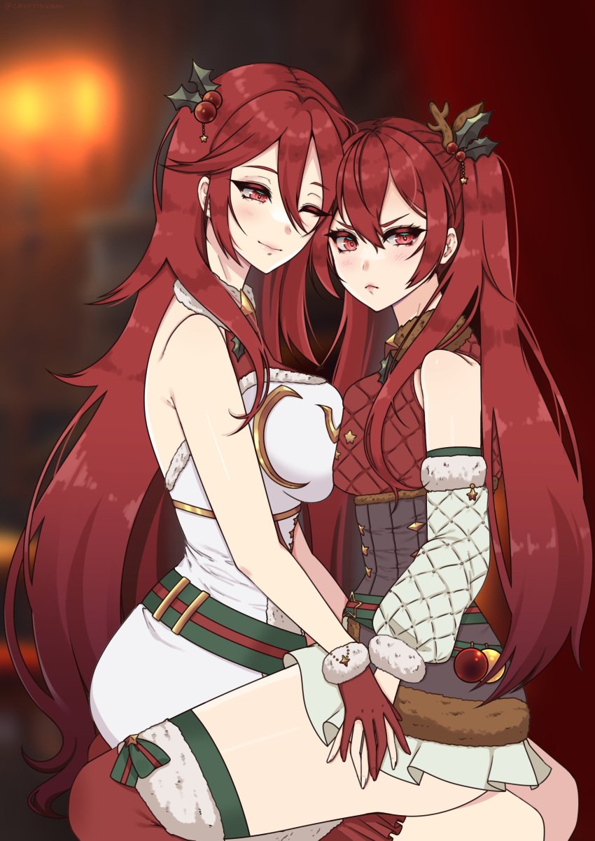 2girls alternate_costume asymmetrical_docking bare_thighs breasts christmas cordelia_(fire_emblem) cordelia_(winter)_(fire_emblem) cryptid_crab female female_only fire_emblem fire_emblem_awakening fire_emblem_fates fire_emblem_heroes frown gloves hair_between_eyes holding_hands large_breasts long_hair looking_at_viewer medium_breasts mother_and_daughter multiple_girls official_alternate_costume one_eye_closed red_eyes red_hair selena_(fire_emblem_fates) selena_(winter)_(fire_emblem_fates) severa_(fire_emblem) sitting_on_lap smile thick_thighs thighhighs thighs twintails very_long_hair wink yuri