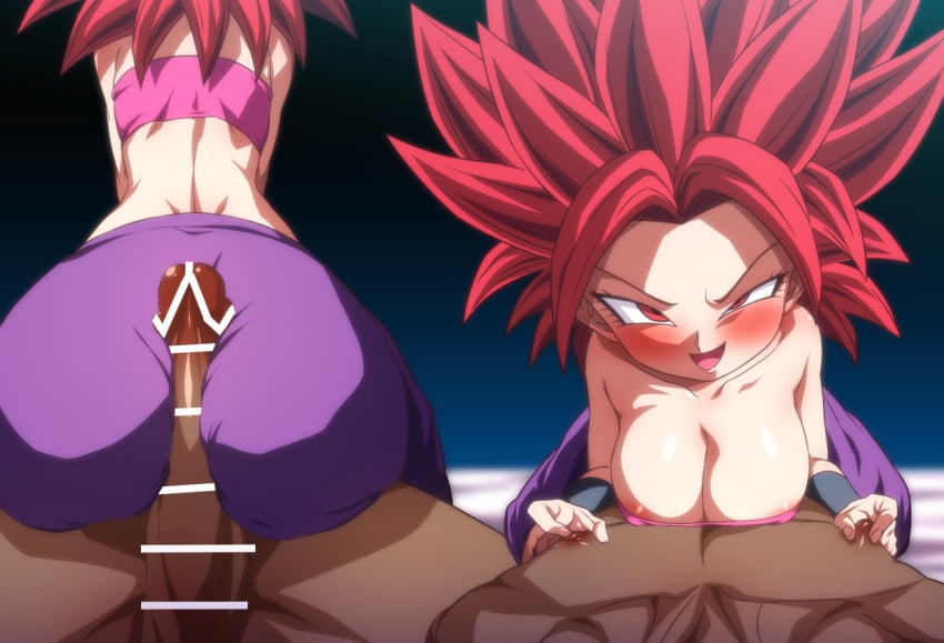 1boy :d areola_slip ass bar_censor bare_shoulders blurry blurry_background blush breasts buttjob caulifla censored cleavage clothed_female_nude_male commission covered_nipples cowgirl_position dark-skinned_male dark_skin dragon_ball dragon_ball_super erection female from_behind interracial large_breasts looking_at_viewer multiple_views nipple_tweak nude open_mouth pants penis pink_tube_top purple_pants red_eyes red_hair rom_(20) skeb_commission smile spiked_hair straight strapless super_saiyan super_saiyan_god tube_top uneven_eyes