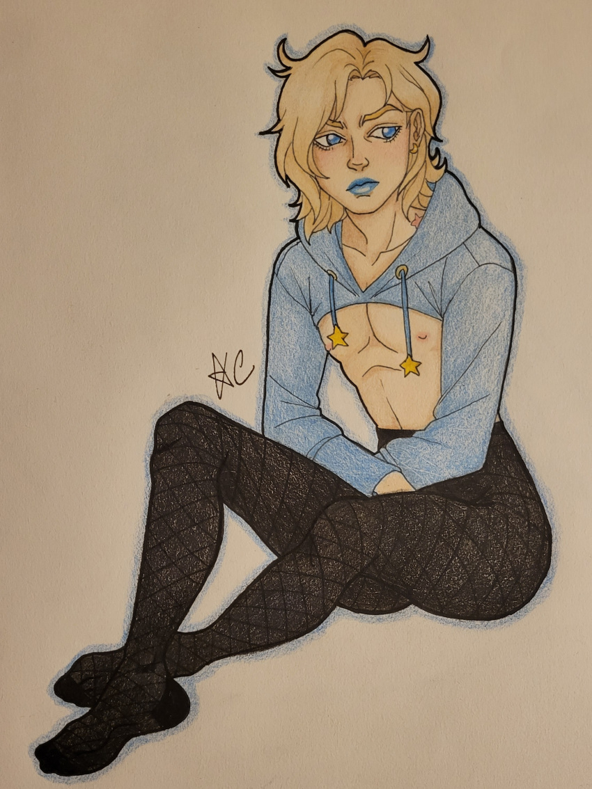 1male birthmark blonde_hair blue_eyes blue_lipstick chikknwings femboy femboysub jacket joestar_birthmark johnny_joestar jojo's_bizarre_adventure lipstick male male_focus male_only pantyhose shirtless solo_male steel_ball_run sweatshirt tagme thighhighs traditional_media_(artwork)