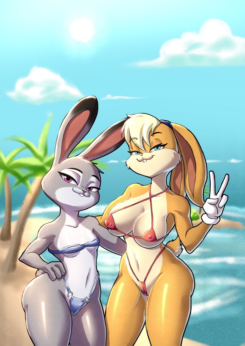 2girls alternate_version_available anthro beach big_breasts bikini blue_bikini blue_swimsuit breasts cameltoe crossover disney erect_nipples erect_nipples_under_clothes female female_only furry hand_on_hip judy_hopps lola_bunny looking_at_viewer looney_tunes micro_bikini navel notilustregui ocean outdoors outside peace_sign rabbit red_bikini red_swimsuit sea small_breasts smile space_jam swimsuit tail v v_sign warner_brothers water zootopia