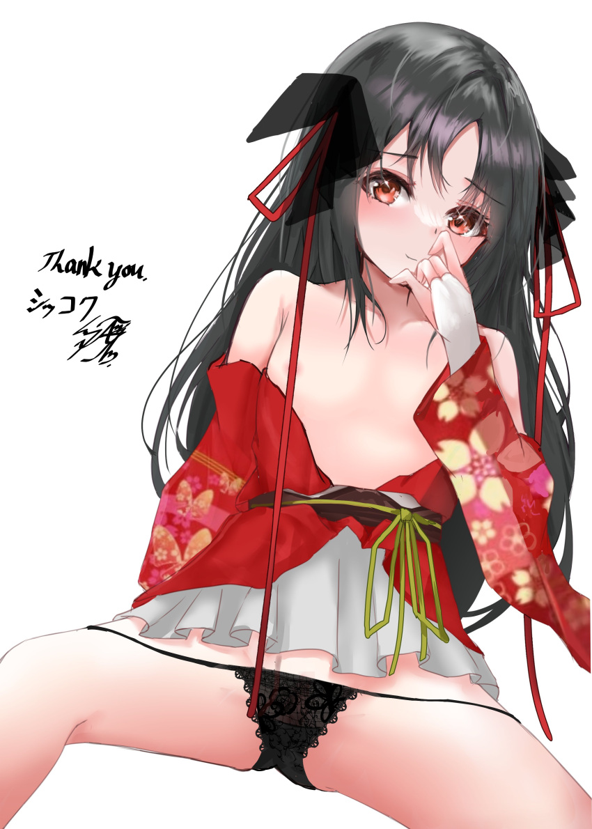 absurdres andason_sanda bare_shoulders black_hair black_panties commission hair_ribbon highres japanese_clothes kimono kimono_skirt lace lace_panties machine-doll_wa_kizutsukanai obi panties red_eyes ribbon sash short_kimono short_yukata skeb_commission underwear yaya_(machine-doll) yukata