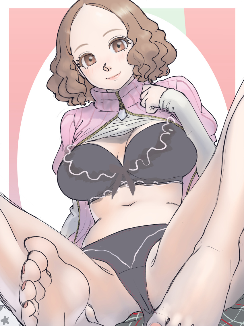 atlus blush bra bra_and_panties breasts brown_eyes brown_hair cleavage curly_hair female female_focus female_only floofy_hair fluffy_hair forehead haru_okumura lips looking_at_viewer panties persona persona_5 pink_sweater poechan sega showing_off sitting smiling solo solo_female stomach sweater sweater_lift thighs underwear wavy_hair