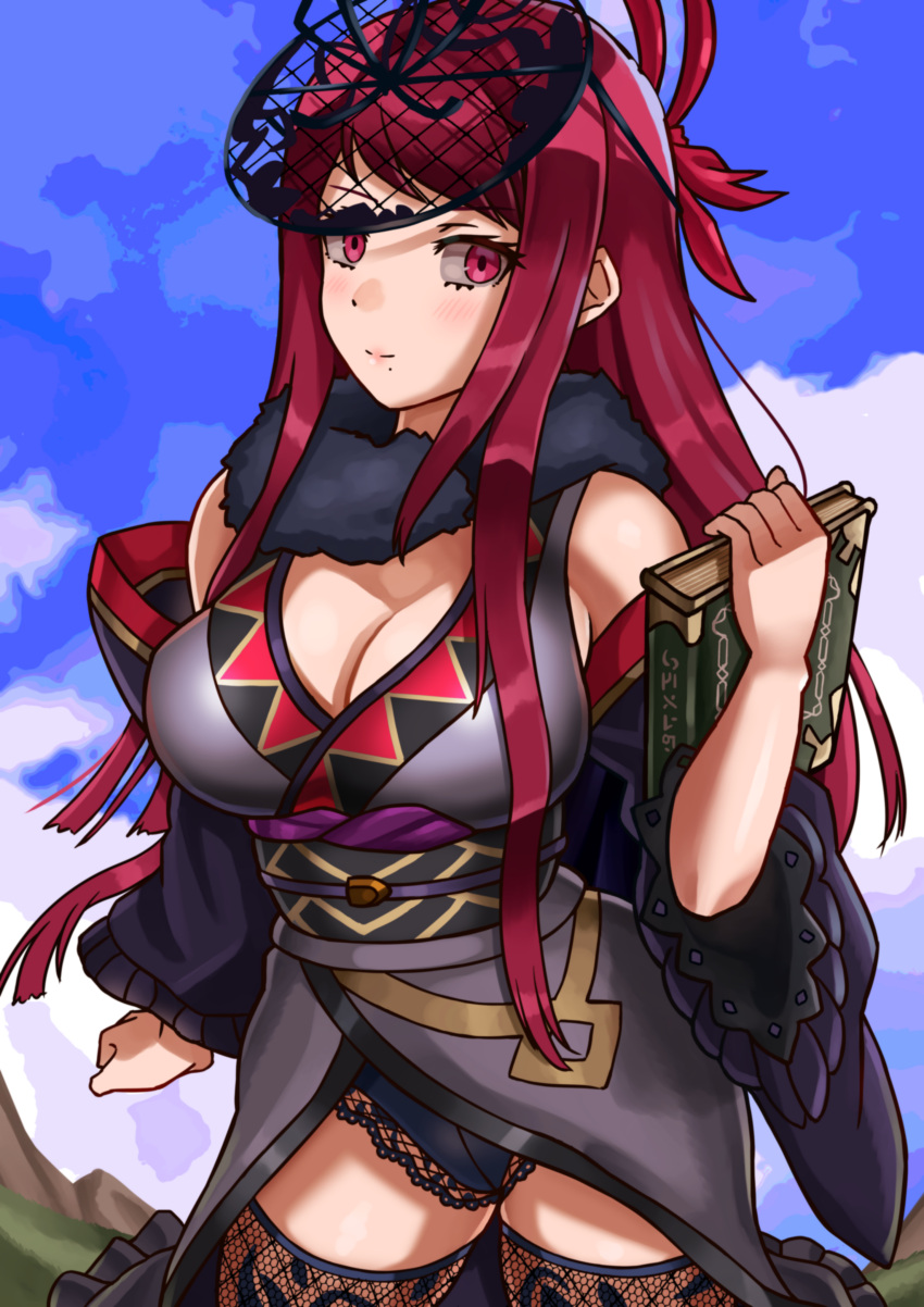 1girls absurdres alternate_costume bare_shoulders black_headwear black_panties black_sash blue_sky blush book breasts cleavage cloud commentary_request cowboy_shot day detached_sleeves female female female_only fire_emblem fire_emblem_engage grey_kimono highres holding holding_book ivy_(fire_emblem) japanese_clothes kimono large_breasts long_hair looking_at_viewer mole mole_under_mouth nintendo obi oniisan02b outdoors panties purple_eyes purple_hair sash sky sleeveless sleeveless_kimono smile solo standing thighhighs thighs underwear very_long_hair