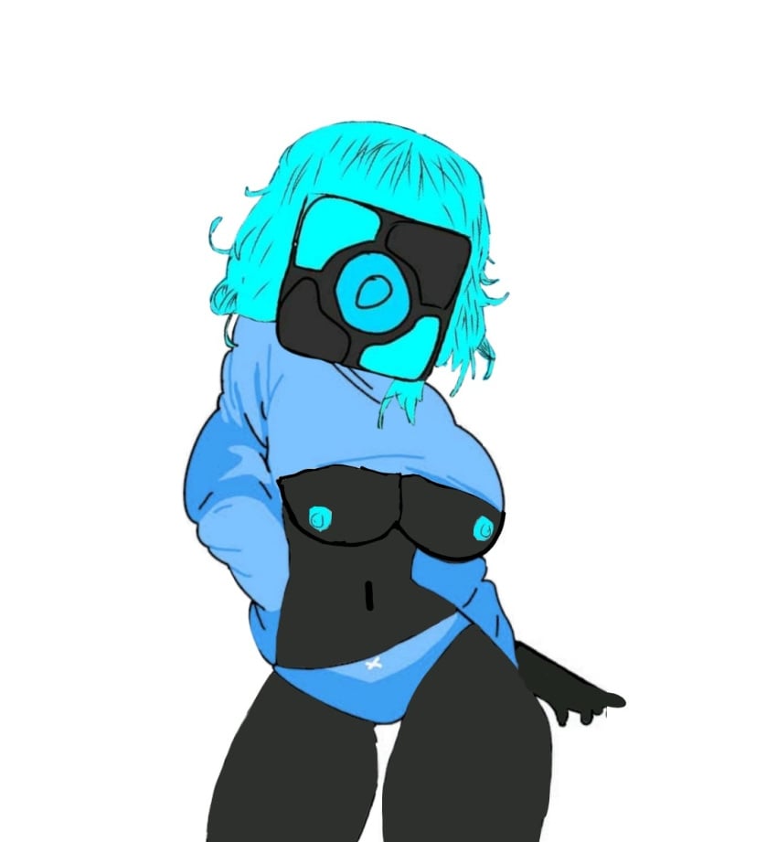 1girls aqua_hair black_skin blue_areola blue_nipples blue_panties blue_shirt bow_panties breasts_out cowboy_shot curvy_female facing_viewer geometry geometry_dash shirt_lift simple_background solo standing tagme white_background