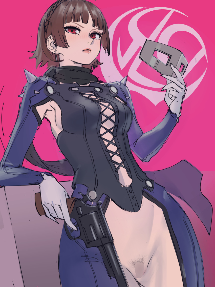 angry angry_expression angry_face atlus blush brown_hair censored clothing female female_focus female_only firearm gloves gun handgun hips holding_mask human looking_at_viewer makoto_niijima mask pale_skin partially_clothed persona persona_5 phantom_thief_suit pink_background poechan pubic_hair pussy red_eyes revolver sega solo solo_female solo_focus spiked_shoulders standing thick_hips thick_thighs vagina vest weapon wide_hips