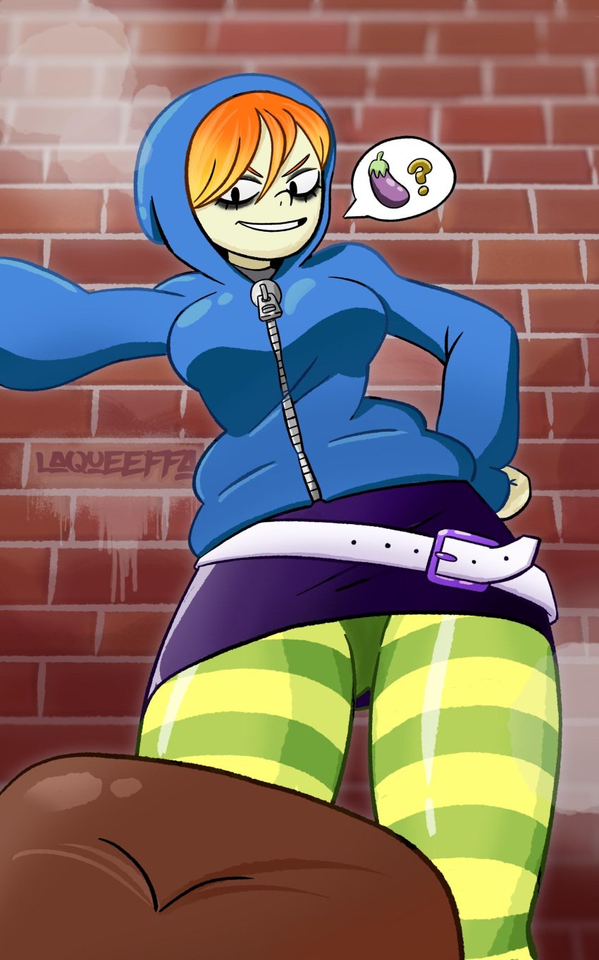 1girls black_skirt blue_hoodie cartoon_network eggplant_emoji eyeliner female_focus foster's_home_for_imaginary_friends goth_girl_(fhfif) laqueeffa mac_(fhfif) orange_hair pantyhose red_hair smile speech_bubble thick_thighs unseen_male_face upskirt worm's-eye_view