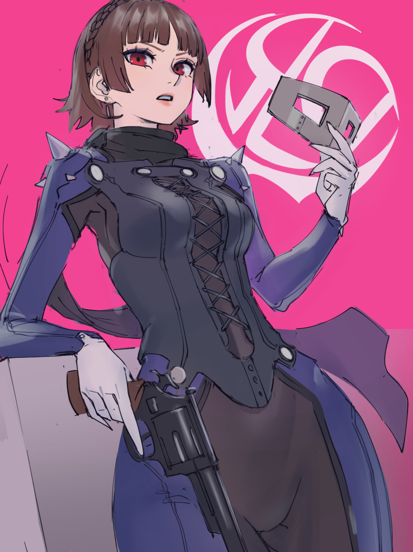 1girls angry angry_face atlus black_tights breasts brown_hair clothed clothing female female_focus female_only firearm gloves gun handgun hips holding_mask human looking_at_viewer makoto_niijima mask pale_skin persona persona_5 phantom_thief_suit pink_background poechan revolver sega solo solo_female solo_focus spiked_shoulders standing thick_hips tights weapon wide_hips