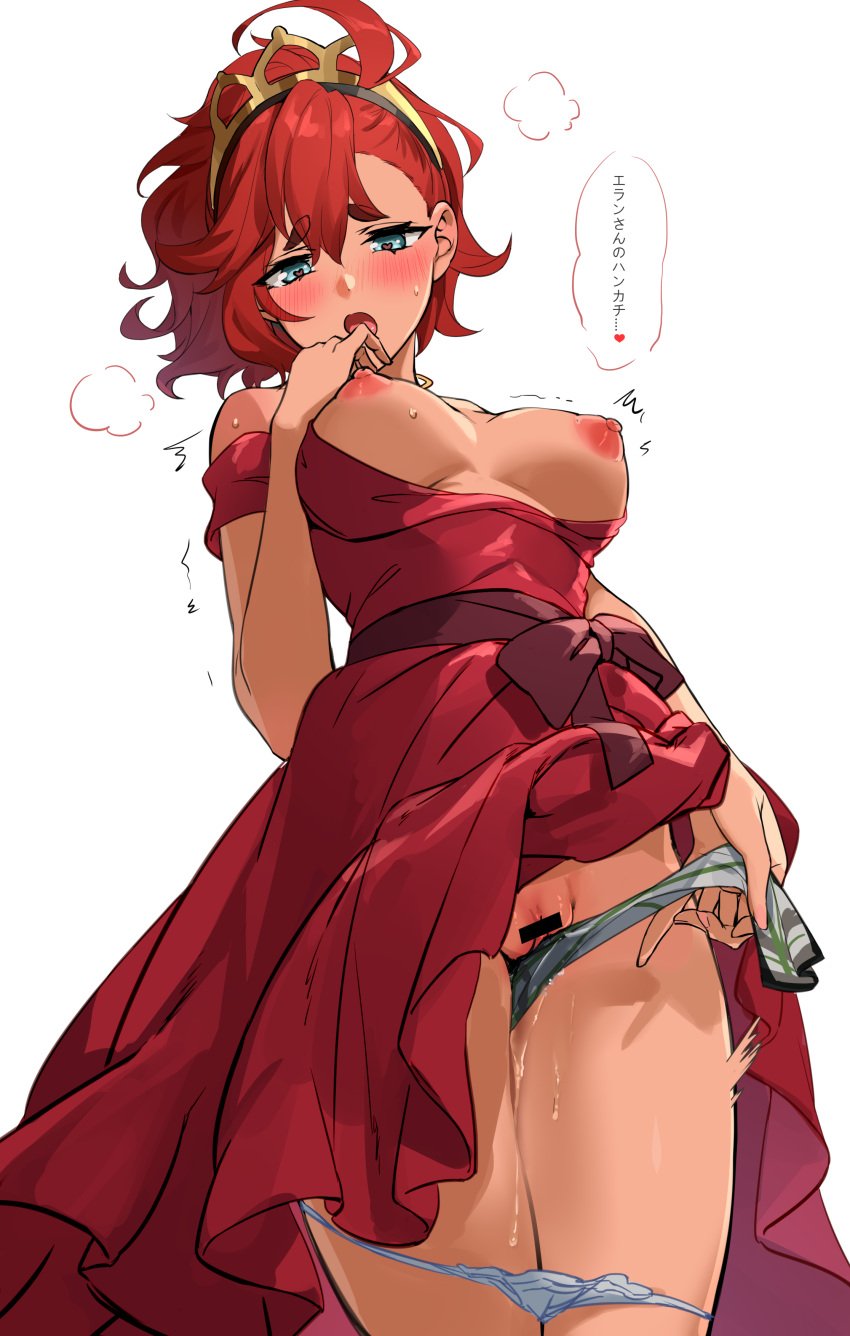 absurdres ahoge aki663 alternate_hairstyle blue_eyes blush dark-skinned_female dark_skin dress female_masturbation gundam gundam_suisei_no_majo heart heart-shaped_pupils highres masturbation open_mouth panties panty_pull ponytail pussy pussy_juice red_dress red_hair rubbing simple_background solo speech_bubble standing suletta_mercury sweat symbol-shaped_pupils thick_eyebrows tiara translated underwear white_background white_panties