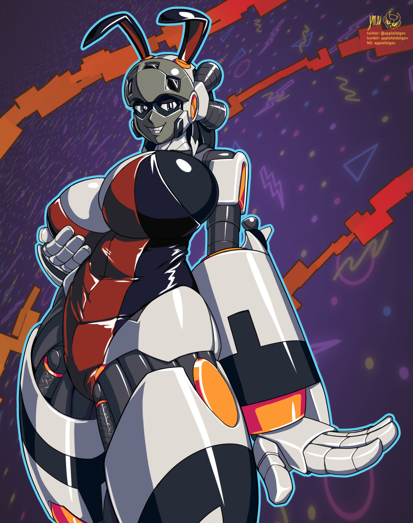 apollo_rocket applefatdotgov big_arms bunny_ears bunnysuit female gamadelic grin huge_breasts low-angle_view mecha muscular_female nipples robot robot_girl rocket saturn_v seductive solo solo_female tagme tall_female wide_hips