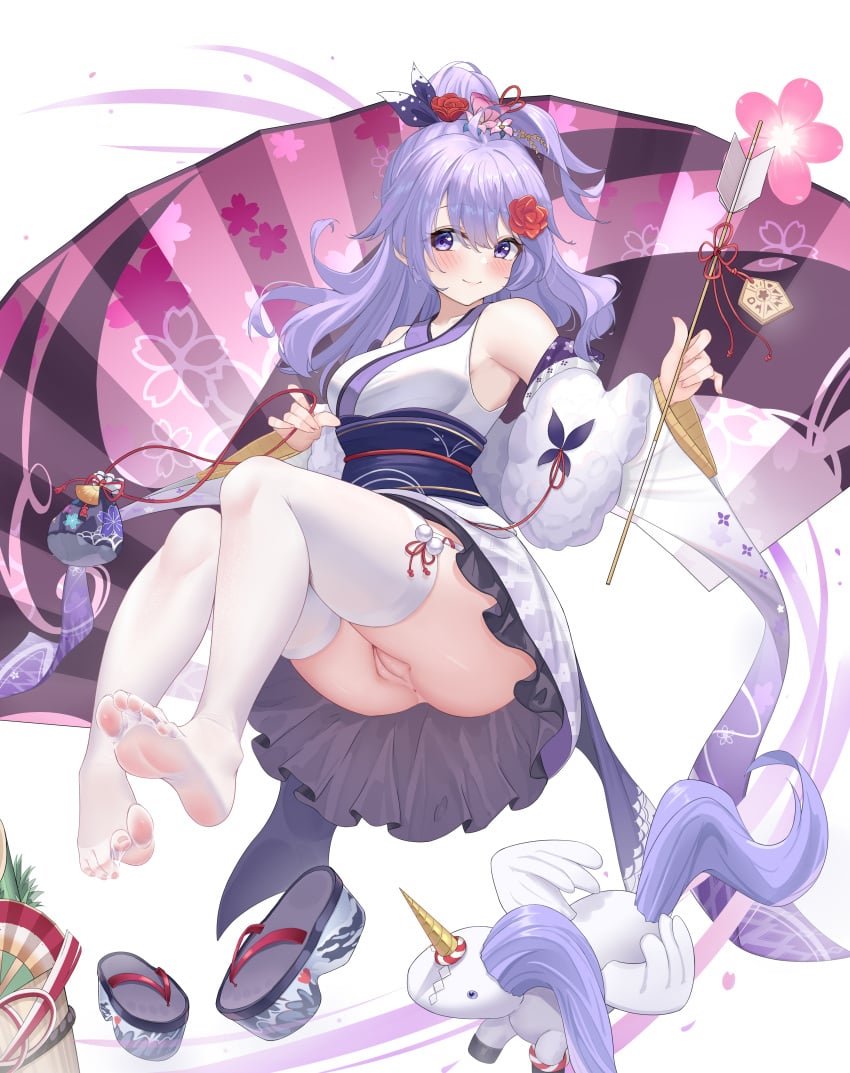 absurdres armpits azur_lane black_ribbon dress feet female flower hair_bun hair_flower hair_ornament highres japanese_clothes kimono leggings long_hair no_panties no_shoes obi official_alternate_costume okobo purple_eyes purple_hair ribbon sash soles stuffed_unicorn stuffed_winged_unicorn styx thighhighs toes unicorn unicorn_(azur_lane) unicorn_(prayer_of_plum_and_snow)_(azur_lane) white_dress white_kimono white_leggings white_thighhighs yukata