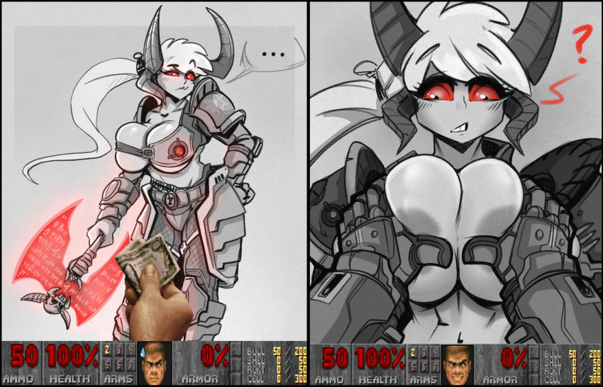 absurd_res areola breast_grab breasts cleavage clothed clothing demon_girl doom doom_eternal doom_slayer english_text female hand_on_breast hi_res holding_melee_weapon horn horned_humanoid humanoid id_software karakylia marauder_(doom) rule_63 source_request text