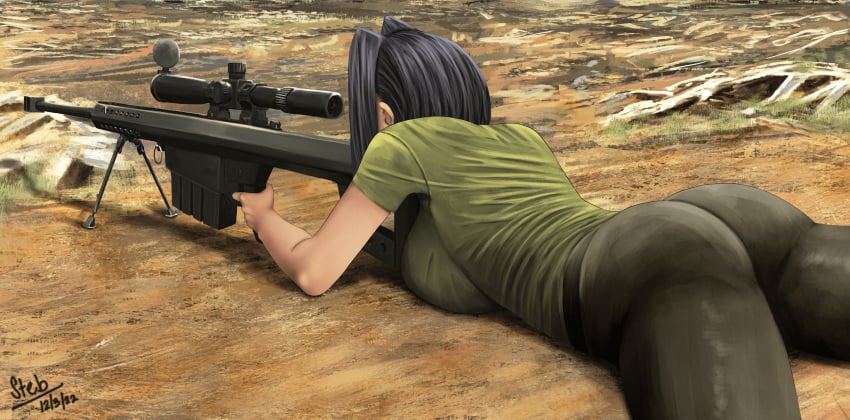 absurdres alternate_costume anti-materiel_rifle ass barrett_m82 bipod blue_hair breasts female from_behind from_side green_shirt gun highres hololive hololive_english hololive_english_-council- hololive_english_-promise- large_breasts lying magazine_(weapon) muzzle_brake on_stomach ouro_kronii rifle scope shirt sniper_rifle steb thighs virtual_youtuber weapon