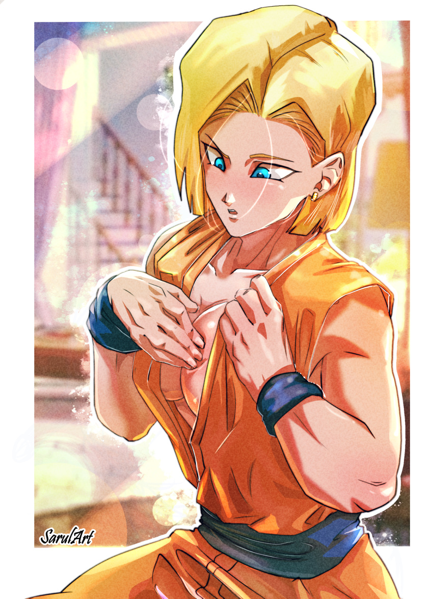 android_18 dragon_ball dragon_ball_z holding_breast large_breasts sarulart turtle_school_uniform wardrobe_malfunction wearing_others_clothes