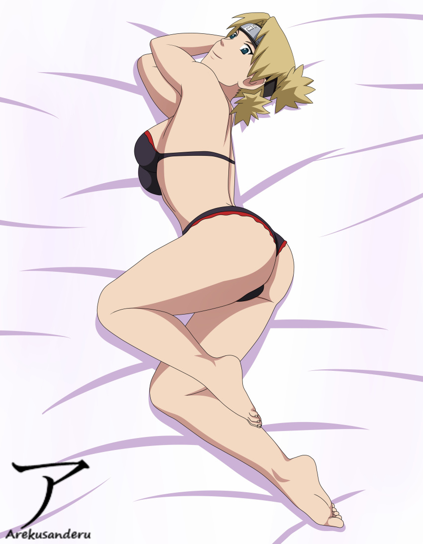 1girls adapted_costume arekusanderu ass bare_legs bare_shoulders barefoot big_ass blonde_hair bra female female_only forehead_protector full_body headband kunoichi lying lying_on_bed lying_on_side naruto naruto_(series) naruto_shippuden ninja panties quad_tails round_ass sideboob small_breasts solo solo_focus sunagakure_symbol teal_eyes teenager temari tied_hair toes underwear