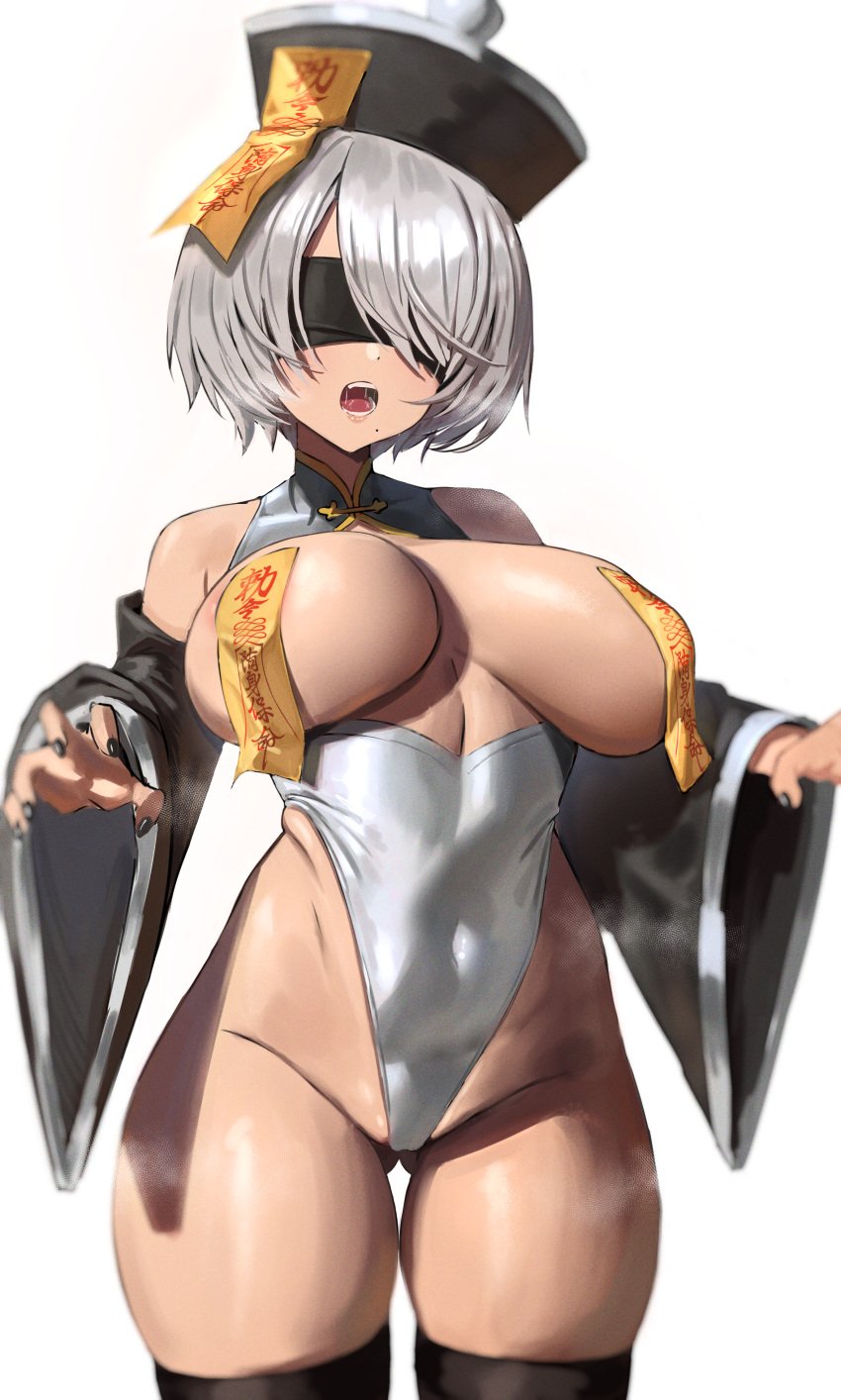 1girls android android_girl anima_(togashi) blindfold breast_curtains breasts female female_only hat hips huge_breasts jiangshi large_breasts light-skinned_female light_skin nier nier:_automata ofuda ofuda_on_nipples short_hair solo talisman talisman_pasties tape taped_nipples thick_thighs thighs white_hair wide_hips yorha_2b