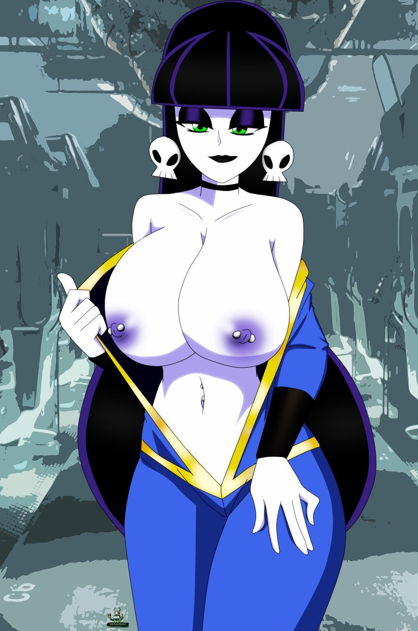 big_breasts black_hair black_lipstick cosplay fallout goth goth_girl gothic green_eyes huge_breasts lindel_dollice_quilten nipple_piercing nipples noir-black-shooter open_suit original original_character pale-skinned_female pierced_belly_button vault_girl vault_suit