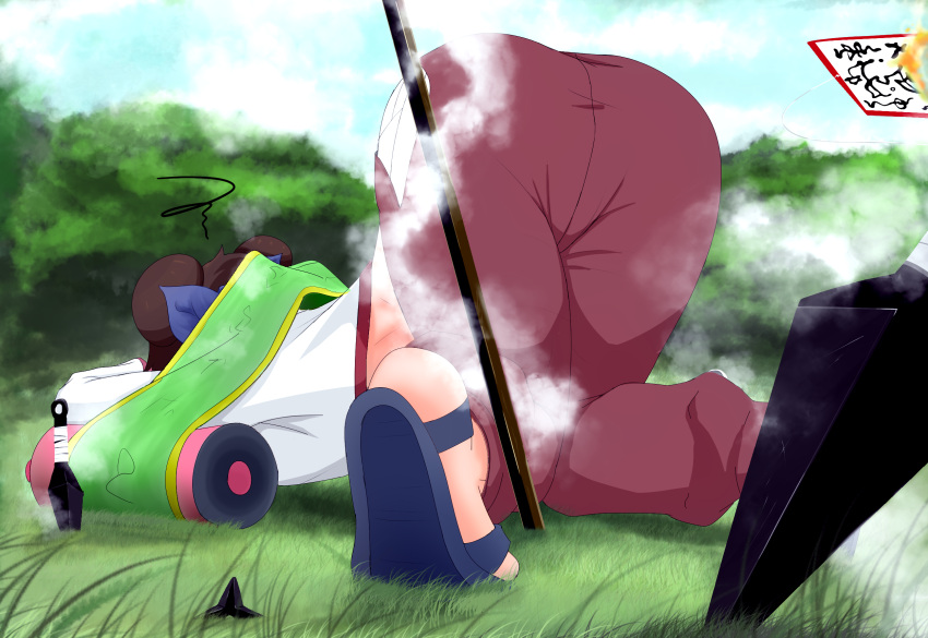 1girls accident accidental_circumstance arched_back ass ass_up big_ass bo_staff chinese_clothes clumsy creedle dat_ass double_bun faceless_female feet female female_only from_behind grass huge_ass kneeling knees_together_feet_apart kunai kunoichi naruto naruto_(series) naruto_shippuden ninja on_floor outdoors pants round_ass sandals scroll shirt shuriken solo solo_focus staff steam tenten tied_hair tiptoes top-down_bottom-up tripping twin_buns weapon weapons