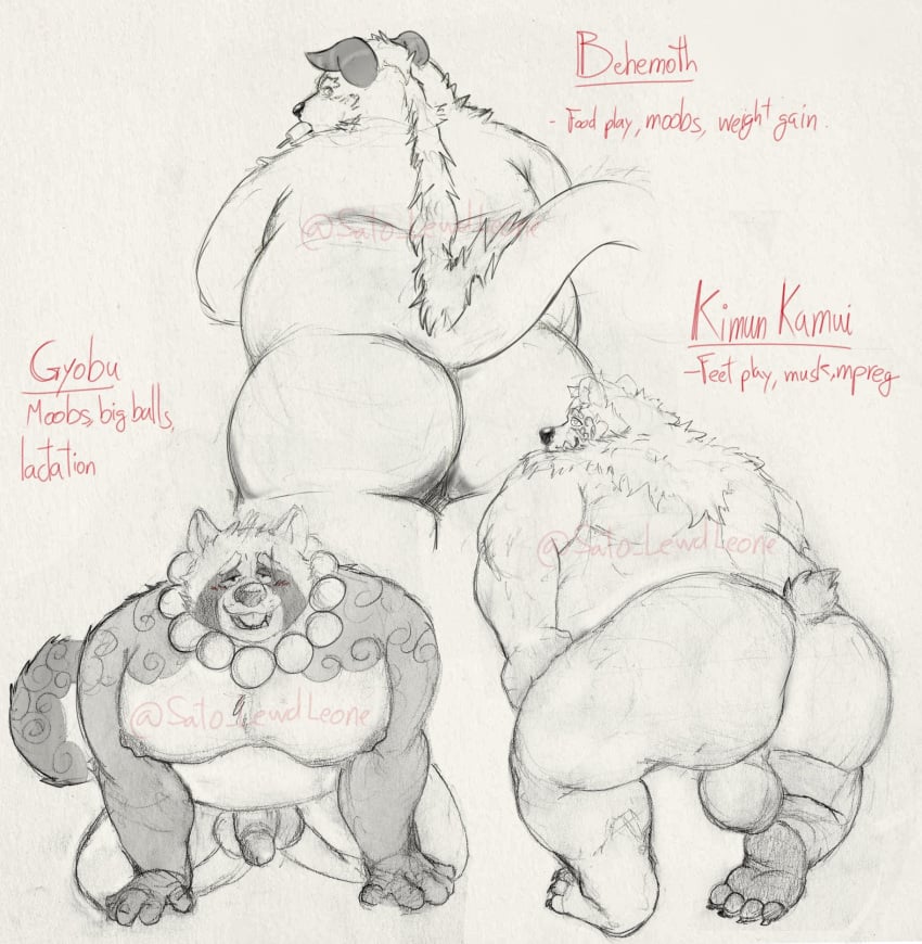 2023 anthro ass balls bear behemoth_(tokyo_afterschool_summoners) big_butt canid canine english_text genitals group gyobu hi_res kimun_kamui_(tokyo_afterschool_summoners) lifewonders male mammal moobs nipples overweight overweight_male penis raccoon_dog sato_afroleone tanuki text tokyo_afterschool_summoners