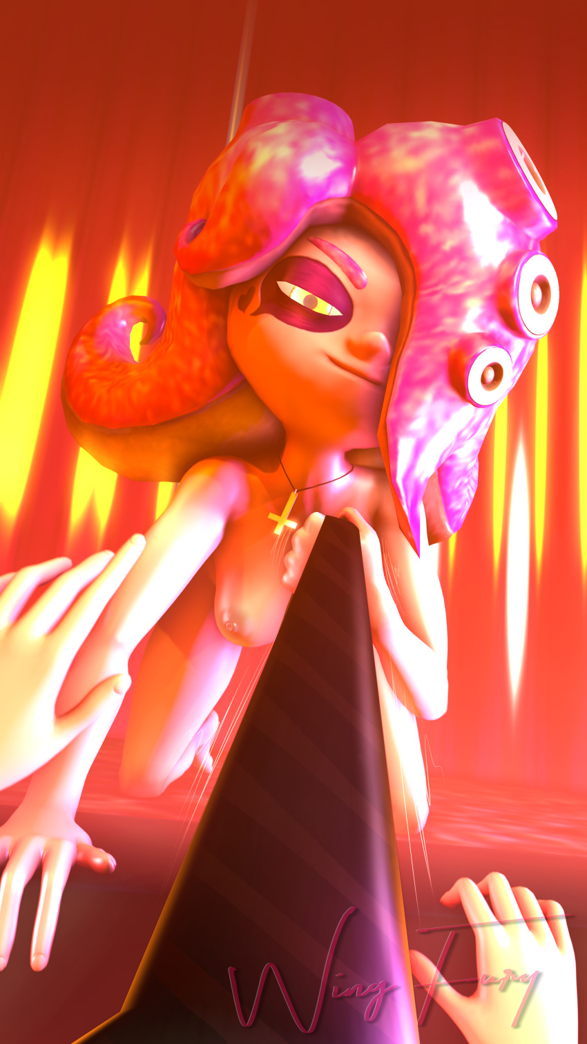 3d 3d_(artwork) desti_(smg4) dominant_female leash leash_pull leashed_pov looking_at_viewer octoling octoling_girl on_all_fours pole_dancer pov render smg4 source_filmmaker splatoon splatoon_(series) splatoon_2 splatoon_3 stripper topless wing_fury