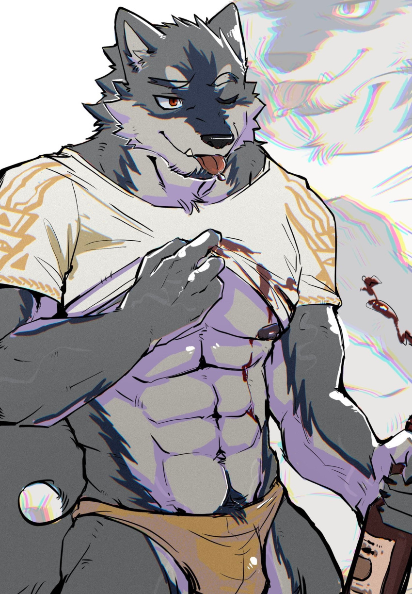 abs alcohol anthro barazoku beverage black_body black_claws black_nose blep bulge canid canine canis clawed_fingers claws clothed clothing eyebrows facial_hair fangs fur grey_body grey_fur hi_res holding_alcohol male mammal multicolored_body multicolored_fur muscular muscular_male navel nipples one_eye_closed pecs pubes raised_clothing raised_eyebrow raised_shirt raised_topwear red_eyes shirt solo spilled_alcohol spilled_drink stained_clothing tail tangdog2 teeth teeth_showing tongue tongue_out topwear underwear white_clothing white_shirt white_topwear wine wine_bottle wink wolf yellow_clothing yellow_underwear