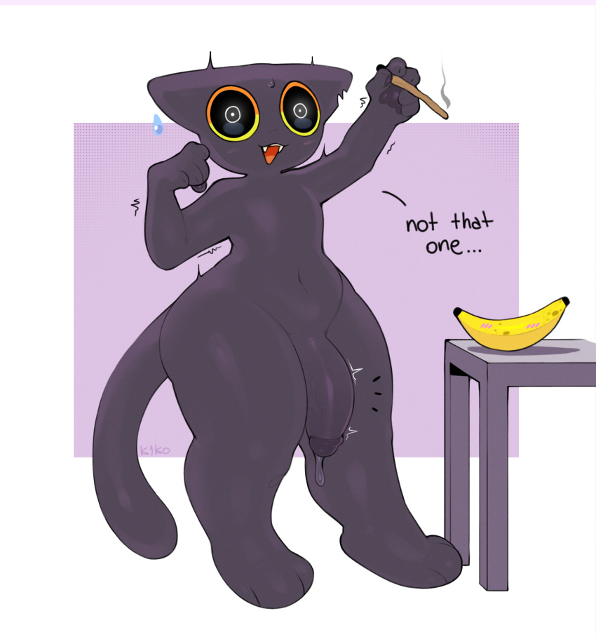 1boy 2023 anthro banana biped black_body black_eyes bodily_fluids dialogue domestic_cat english_text fangs felid feline felis food fruit genital_fluids genitals half-erect hi_res javi_(k1ko) k1ko male mammal navel open_mouth penis plant precum simple_background solo teeth text