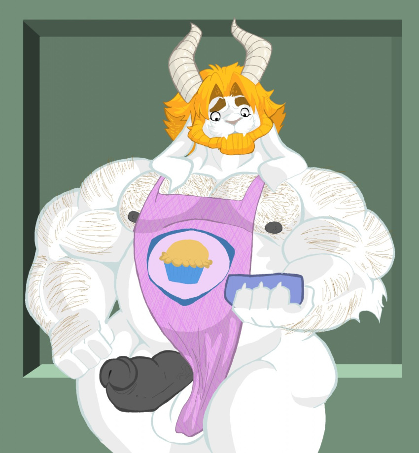 anthro apron asgore_dreemurr balls beard black_penis blonde_hair body_hair bovid bovine caprine chest_hair clothing facial_hair genitals goat hair hi_res horn male male_only mammal mc_morrales muscular muscular_anthro muscular_male nipples penis solo undertale_(series) white_body