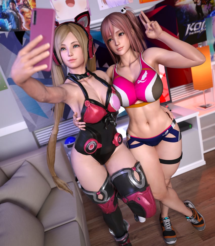 2girls 3d alluring athletic_female big_breasts blonde_female blonde_hair blue_eyes breasts busty cat_ear_headphones cat_ears choker cleavage clothed clothing collar crossover dead_or_alive female female_abs female_only fit_female gcb hair_ornament honoka_(doa) legwear leotard long_hair lucky_chloe medium_breasts midriff namco phone pink_eyes pink_hair pose posing selfie shoes side_ponytail smartphone sports_bra sportswear stockings tecmo tekken tekken_7 thigh_strap thighhighs toned_female twintails v