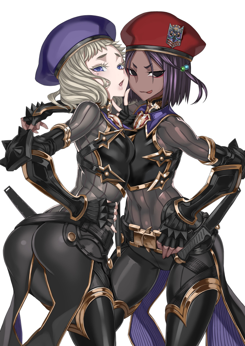 2girls beauty_mark beret black_eyes blonde_hair bodysuit breasts_pressed_against_partner cameltoe chiara_rosino concept_art dark_skin duo duo_focus honjou_raita licking_lips light_skin looking_at_viewer military_hat military_uniform nikola_graf official_art open_mouth pov pov_eye_contact purple_eyes purple_hair tongue_out valkyria_chronicles valkyria_chronicles_4