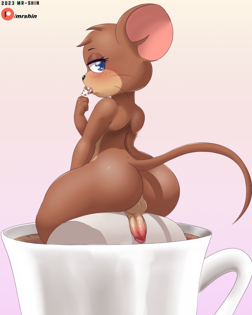 2023 4:5 anthro ass balls big_butt blue_eyes blue_pupils bodily_fluids brown_body brown_fur candy coffee_cup container cup dessert erection fist food fur genitals girly glans half-closed_eyes hi_res humanoid_genitalia humanoid_penis jerry_mouse male mammal marshmallow metro-goldwyn-mayer micro mouse mr-shin murid murine narrowed_eyes nude penis penis_backwards perineum pink_glans pink_inner_ear pink_penis pupils rear_view rodent saliva solo tan_balls tan_perineum thick_thighs tom_and_jerry