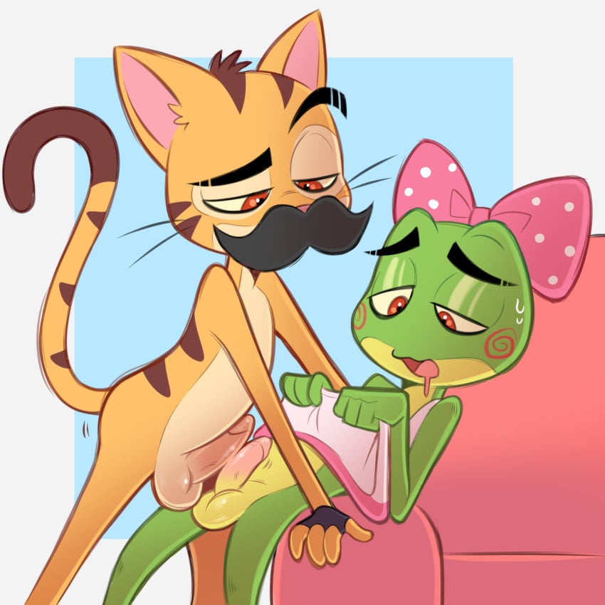 1:1 amphibian anthro balls clothed clothing clothing_lift domestic_cat dress_up eyebrows fake_mustache felid feline felis frog frottage genitals hi_res kaeloo kaeloo_(character) male male/male mammal mr._cat penis raised_eyebrow sex werewolfguts young