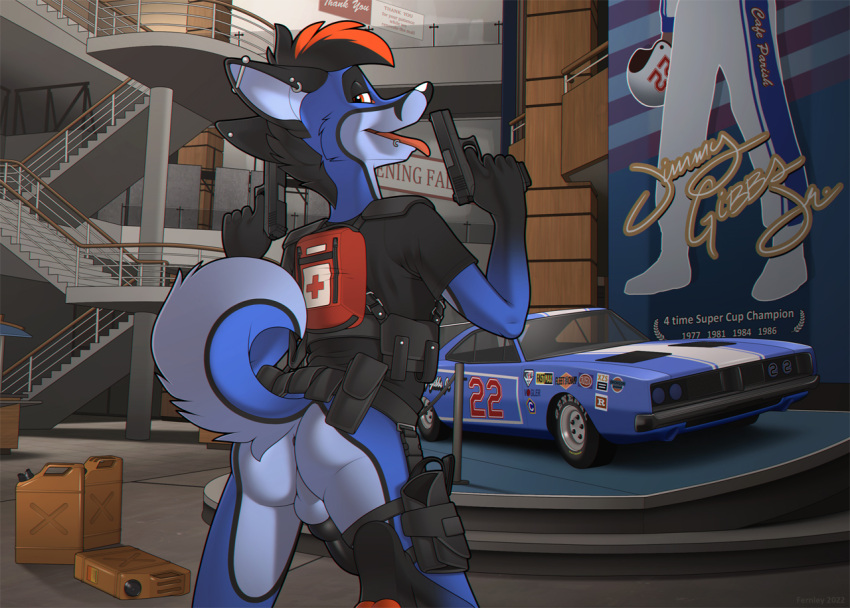 anthro ass balls bottomless canid canine clothed clothing ear_piercing facial_piercing fernley fox genitals gun left_4_dead_(series) lip_piercing looking_back male mammal penis piercing ranged_weapon solo valve vehicle weapon