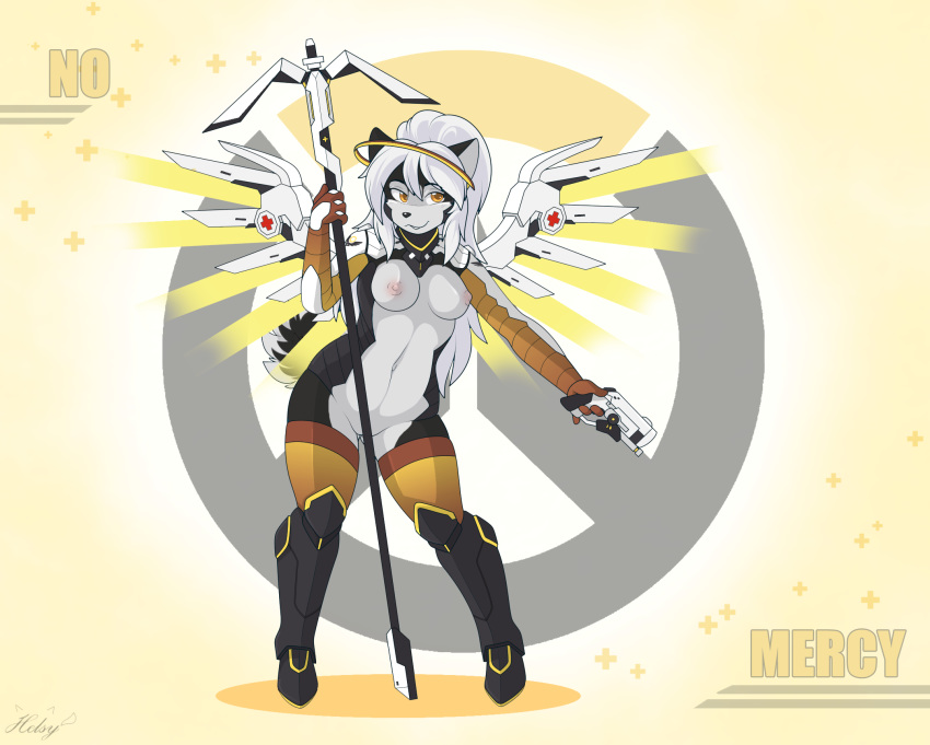 1girls 2018 amber_eyes anthro armor blade blonde_hair boots breasts canine clothing cosplay female footwear furry furry_only gun hair halo handgun helsy husky jewelry looking_at_viewer machine mammal melee_weapon mercy_(cosplay) necklace nipples no_humans nude overwatch overwatch_2 pistol platinum_blonde_hair polearm pose pussy ranged_weapon smile staff video_games weapon wings