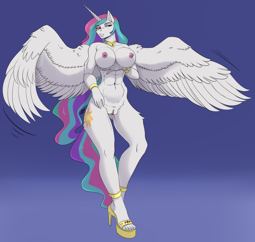 absurd_res anthro breasts dadoradefit digital_drawing_(artwork) digital_media_(artwork) digital_painting_(artwork) equid equine female friendship_is_magic genitals hair hasbro hi_res horn horse mammal my_little_pony nipples nude pegasus pony princess_celestia_(mlp) pussy solo tail unicorn wings