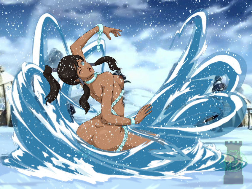 1girls artist_name avatar_legends chains collar dark-skinned_female dark_skin eye_of_the_beholder female female_only korra looking_at_viewer medium_breasts nude one_eye_closed ponytail snow solo source_request the_avatar the_legend_of_korra water water_tribe waterbending