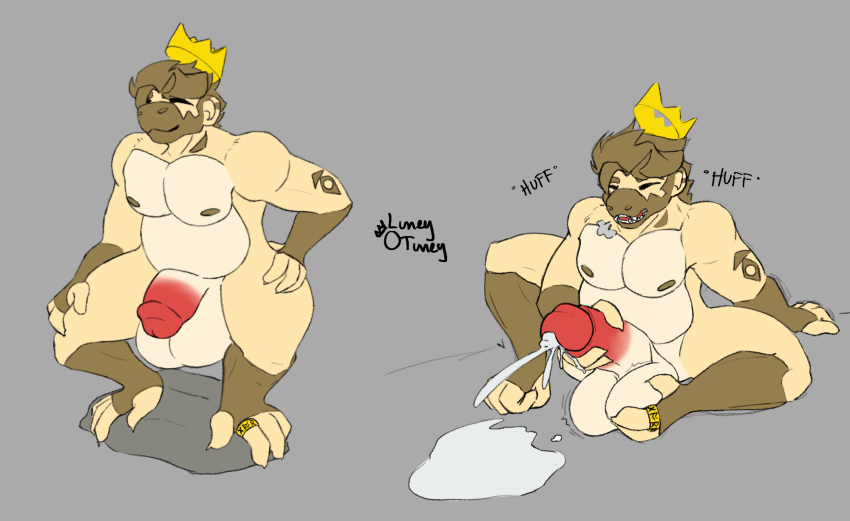 anthro ape balls big_balls big_muscles big_penis bodily_fluids breath cum cum_pooling digit_ring feet_on_balls floating_crown foot_on_balls genital_fluids genitals gorilla haplorhine hi_res hyper jewelry lune_(luneytuney) luneytuney male mammal masturbation monkey monkey_boy monkey_feet musclegut muscular panting penis prehensile_feet primate ring solo toe_ring transformation transformation_by_item