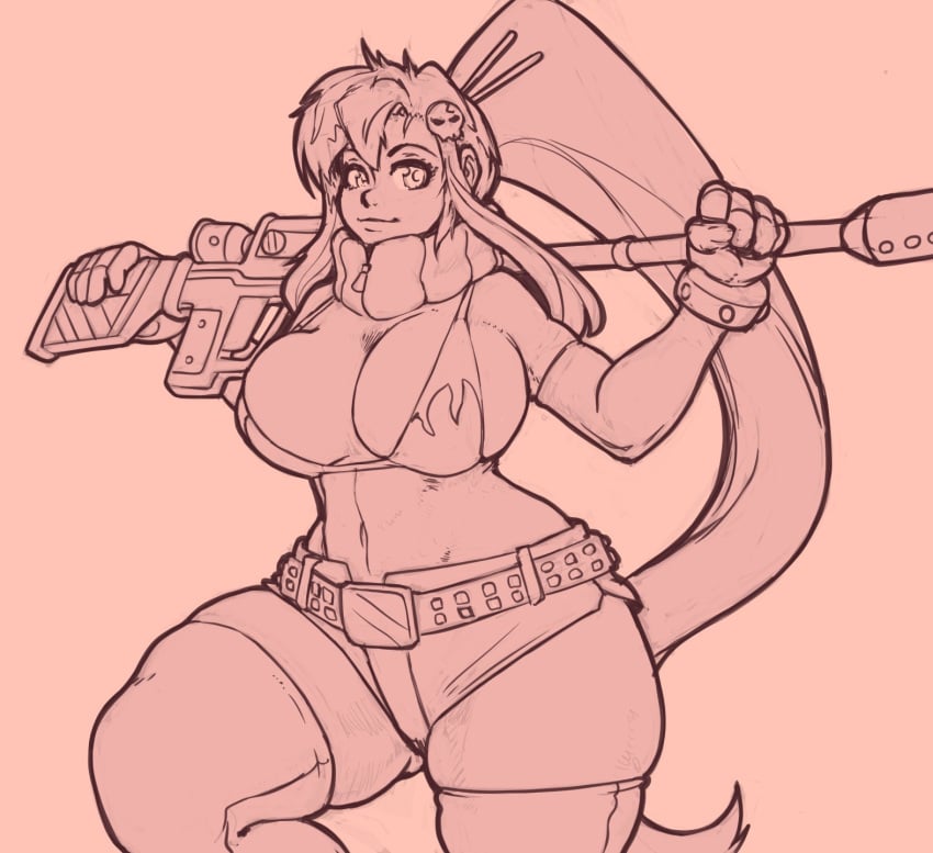 armwear big_breasts bikini demimond23 fingerless_gloves gloves hair_ornament long_hair monochrome ponytail scarf shorts sniper tengen_toppa_gurren-lagann tengen_toppa_gurren_lagann thick_thighs thighhighs thighs very_long_hair yoko_littner