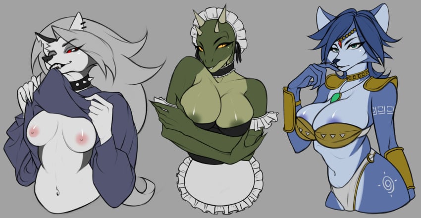 5_fingers accessory anthro areola argonian bethesda_softworks big_breasts blue_areola blue_body blue_hair bottomwear breasts canid canid_demon canine clothed clothing demon ear_piercing female female_anthro fingers fox ghostylime green_areola green_body green_eyes grey_hair group hair hellhound helluva_boss hi_res jewelry krystal lifts-her-tail loincloth looking_at_viewer loona_(helluva_boss) lusty_argonian_maid mammal markings medium_breasts multicolored_body multicolored_scales navel necklace nintendo nipples non-mammal_breasts piercing pink_nipples pupils red_sclera reptile scales scalie seductive shoulder_pads skyrim slit_pupils smile standing star_fox the_elder_scrolls tribal tribal_markings trio two_tone_body two_tone_scales white_body white_eyes yellow_eyes