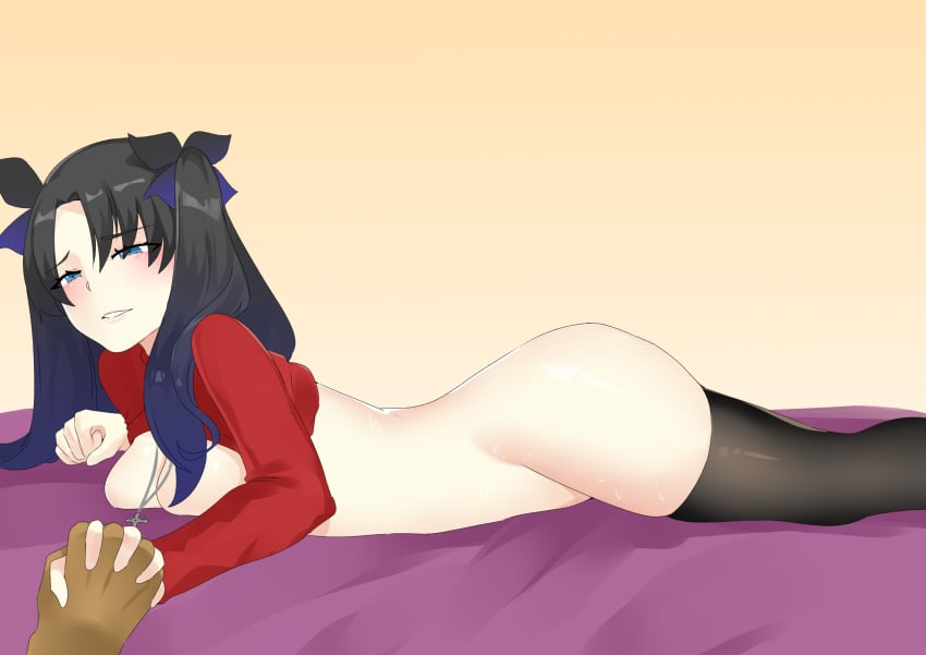 1boy 1girls absolute_territory after_sex ass bed bottomless breast_press breasts_out fate/stay_night fate_(series) hand_holding happy kuroe_prime lying_on_stomach necklace pov shirt_lift sweat thigh_squish thighhighs tohsaka_rin twintails two-tone_hair