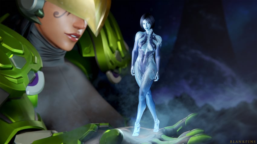 2girls 3d armor blankpins blue_body blue_skin bob_cut cortana cortana_v2 crossover female female_focus female_only green_clothing halo_(series) halo_4 hologram micro_female microsoft nipples nude_female overwatch pharah transparent_body turtleneck