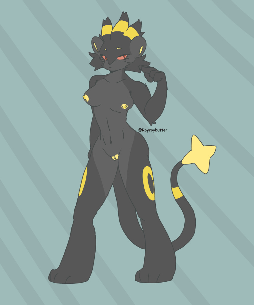 5:6 absurd_res anthro black_body black_fur breasts eeveelution female fur fusion generation_2_pokemon generation_4_pokemon genitals hi_res long_legs long_tail luxray markings nintendo nipples pokefusion pokemon pokemon_(species) pokemon_fusion pussy royroybutter small_waist solo tail toony umbreon wide_hips yellow_markings