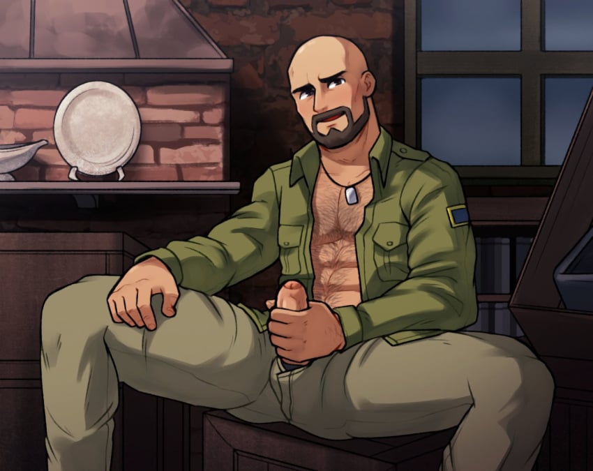 1boy bald bald_man beard blush blush bomber_jacket brown_eyes brown_hair brown_skin castlevania castlevania:_aria_of_sorrow castlevania:_dawn_of_sorrow dog_tags erection facial_hair foreskin gay hairy hairy_chest hairy_male hammer_(castlevania) hand_on_penis indoor indoors inside jacket looking_at_viewer male male_focus male_only male_pubic_hair masturbation muscles muscular muscular_male open_mouth pants penis penis_out pubic_hair shirtless smile smiling smiling_at_viewer solo solo_focus solo_male soupyeel tan_skin unzipped