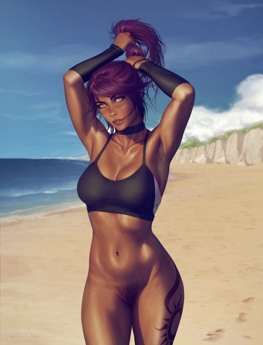 1girls beach bleach bottomless dark-skinned_female dark_skin female female_only krysdecker looking_at_viewer pubic_hair purple_hair pussy shihouin_yoruichi solo vagina yellow_eyes