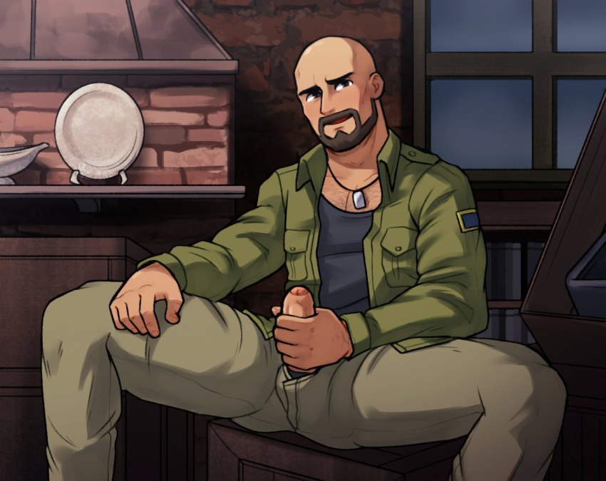 1boy bald bald_man beard blush blush bomber_jacket brown_eyes brown_hair brown_skin castlevania castlevania:_aria_of_sorrow castlevania:_dawn_of_sorrow clothed clothing dog_tags erection facial_hair foreskin gay hairy hairy_chest hairy_male hammer_(castlevania) hand_on_penis indoor indoors inside jacket looking_at_viewer male male_focus male_only male_pubic_hair masturbation muscles muscular muscular_male open_mouth pants penis penis_out pubic_hair shirt smile smiling smiling_at_viewer solo solo_focus solo_male soupyeel tan_skin unzipped