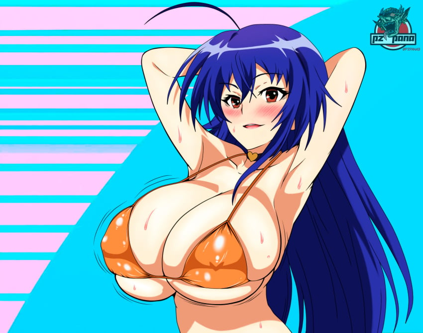 1girls ahoge bikini blue_hair blush breasts brown_eyes choker huge_breasts kurokami_medaka medaka_box orange_bikini pzpana sweat tight_fit