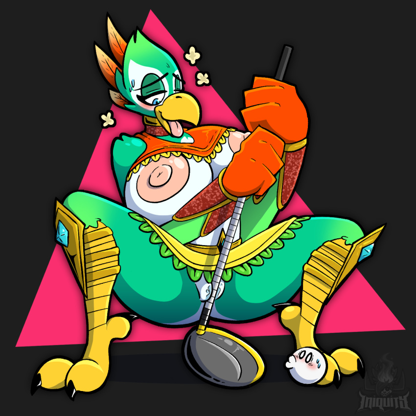 1:1 2023 anthro avian beak big_breasts bird bird_body_(nintendo_switch_sports) blush bodily_fluids bottomwear breasts clothed clothing clothing_lift crouching exposed_breasts feathers female full-length_portrait genital_fluids genitals golf golf_ball golf_club green_body grinding hi_res improvised_sex_toy iniquity jewelry looking_pleasured markings masturbation multicolored_body nintendo nintendo_switch_sports nipples pink_nipples png portrait pussy pussy_juice raised_bottomwear raised_clothing raised_skirt skirt solo sweat talons thick_thighs tribal_clothing vaginal_masturbation vaginal_penetration watermark white_body yellow_beak